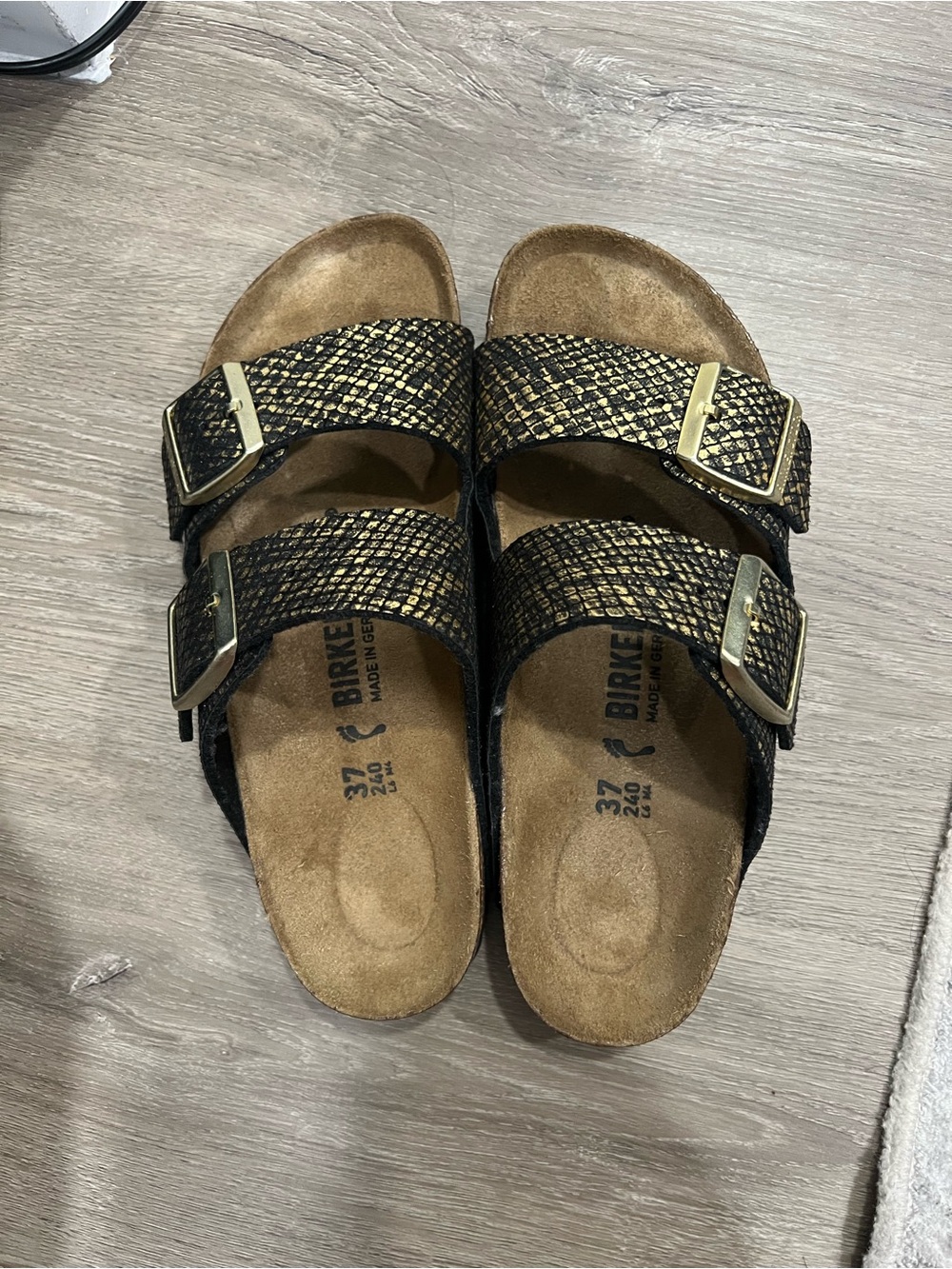 Birkenstock Kids Black and Gold Snake-Print Two-Buckle Sandals